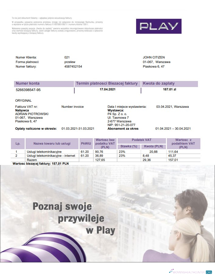 download download Poland Play utility bill template in Word and PDF format, fully editable PDF template PDF template
